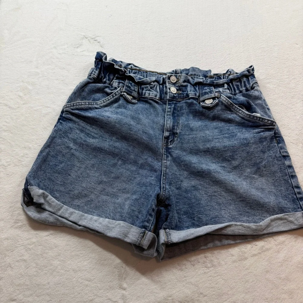ONE5ONE Paperbag Waist Denim Shorts Womens Large Blue Good High Rise Cuffed